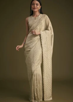 Silver Beige Tissue Sequins Saree With Cutdana Detailing