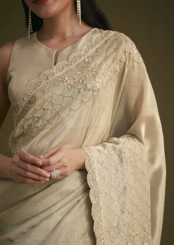 Silver Beige Tissue Sequins Saree With Cutdana Detailing