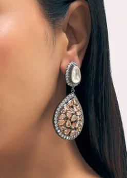 Silver Diamond Dangler Earrings With Champagne Stones In Mix Metal