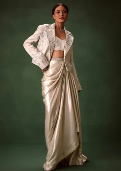 Silver Draping Skirt And Bustier With Embroidered Jacket