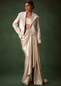 Silver Draping Skirt And Bustier With Embroidered Jacket