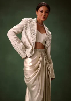 Silver Draping Skirt And Bustier With Embroidered Jacket