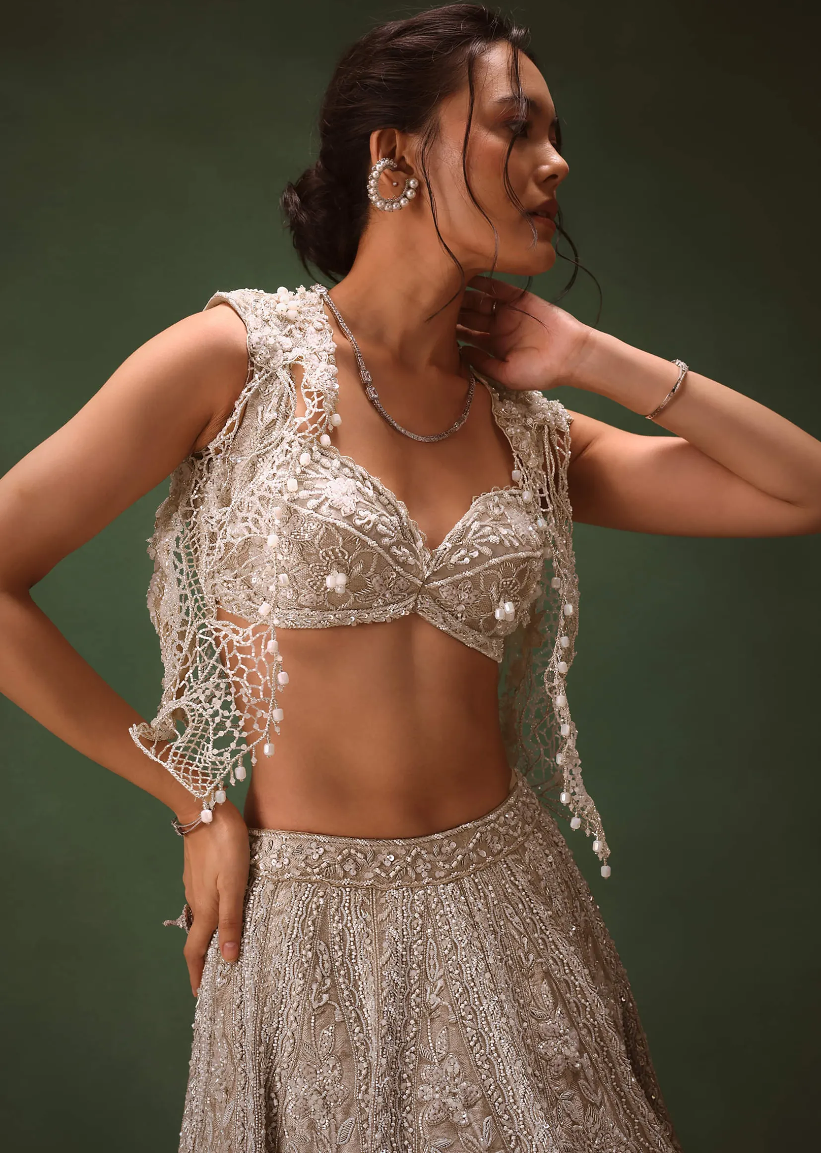 Silver Embroidered Lehenga With Blouse And Jacket