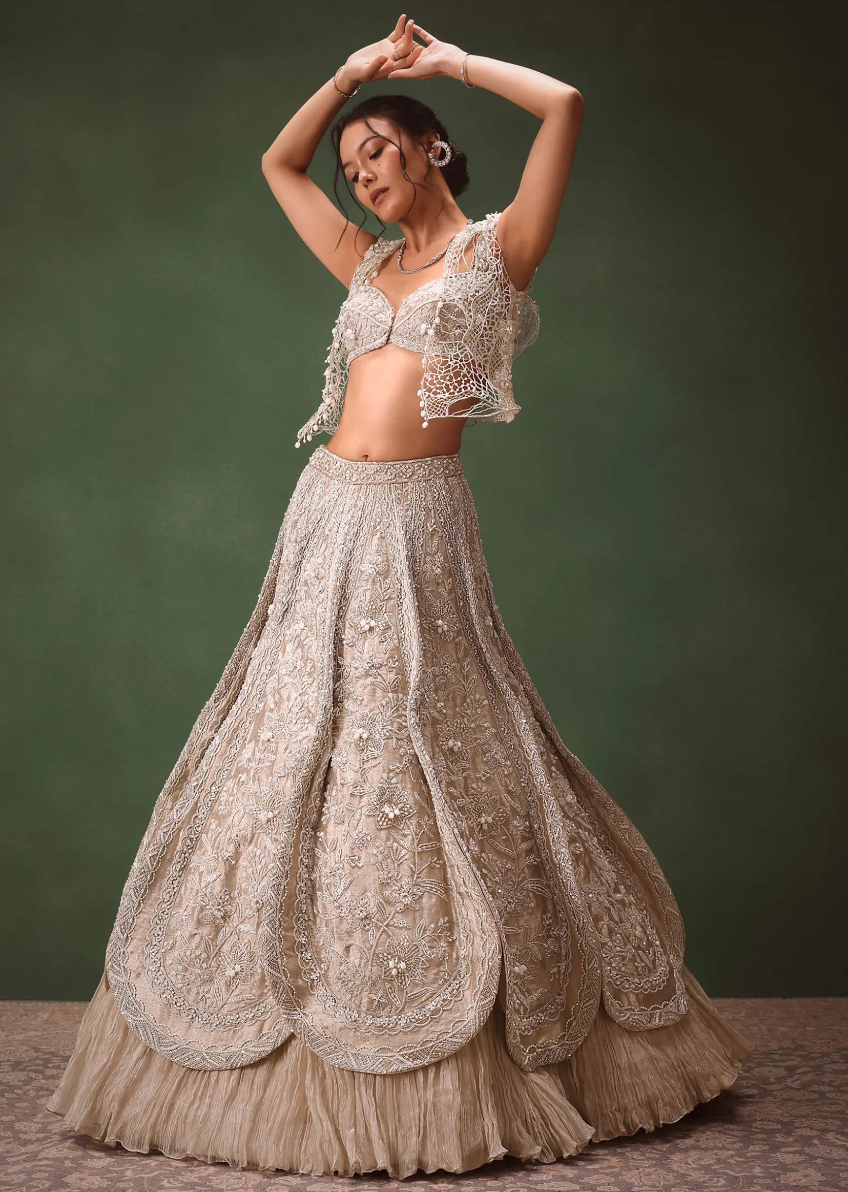 Silver Embroidered Lehenga With Blouse And Jacket