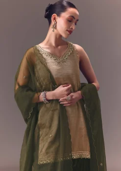 Silver Embroidered Tissue Kurta With Velvet Sharara And Dupatta