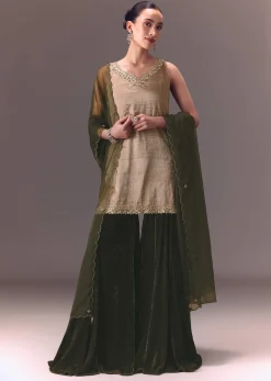 Silver Embroidered Tissue Kurta With Velvet Sharara And Dupatta