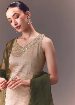 Silver Embroidered Tissue Kurta With Velvet Sharara And Dupatta