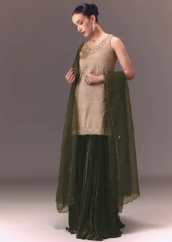 Silver Embroidered Tissue Kurta With Velvet Sharara And Dupatta