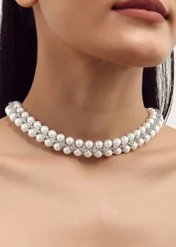 Silver Finish Diamond And Pearl Necklace