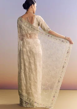 Silver Glass Tissue Saree With Jaal Work And Multicolor Sequin Embroidery