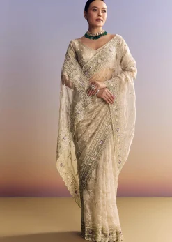Silver Glass Tissue Saree With Jaal Work And Multicolor Sequin Embroidery