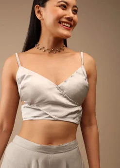 Silver Grey Blouse In Satin With A Wrap Around Design And Side Cut Outs