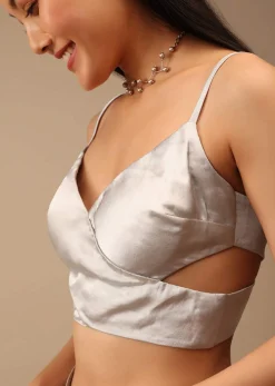 Silver Grey Blouse In Satin With A Wrap Around Design And Side Cut Outs