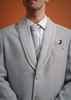Silver Grey Cutdana Work Tuxedo And Pant Set