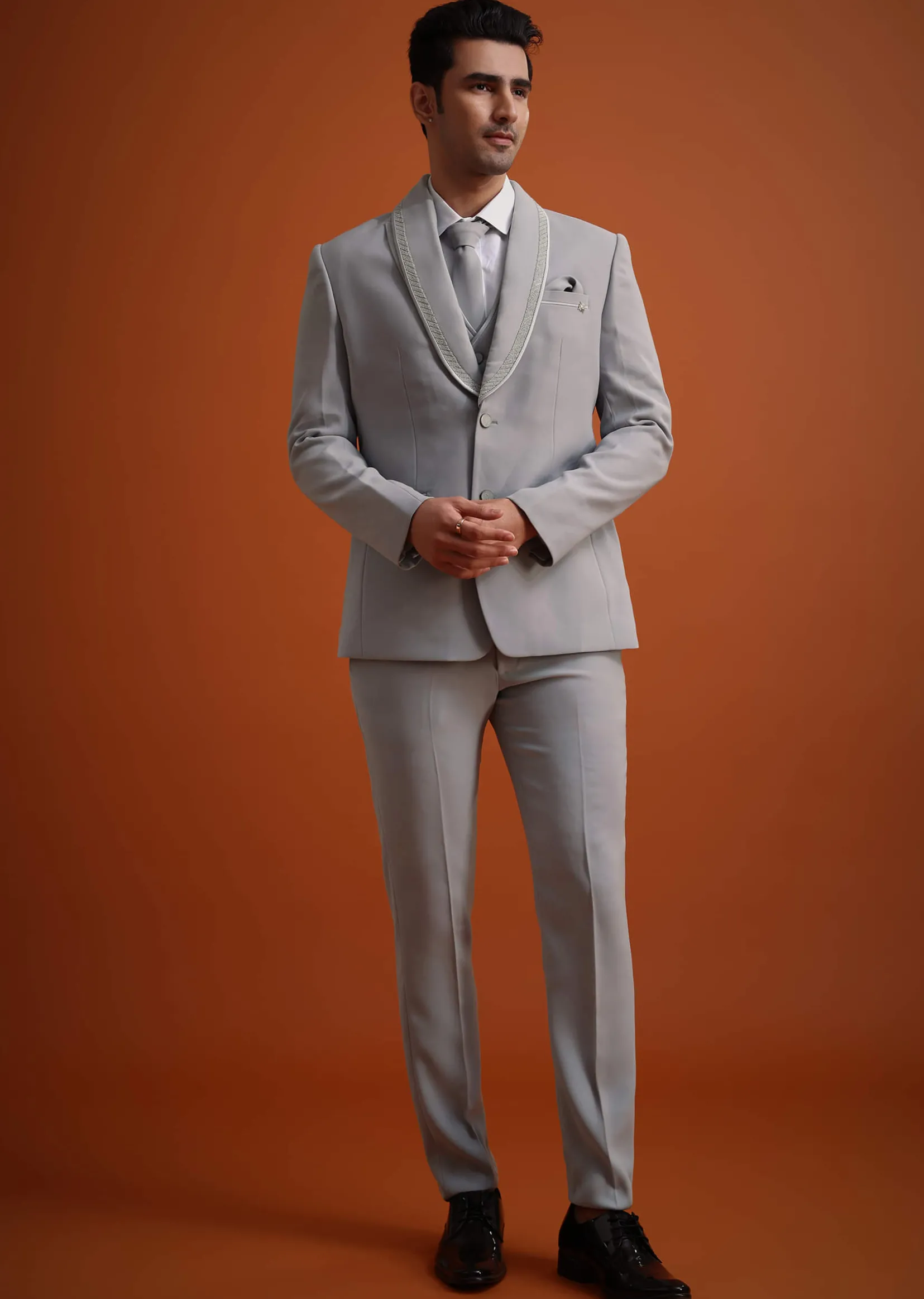 Silver Grey Cutdana Work Tuxedo And Pant Set
