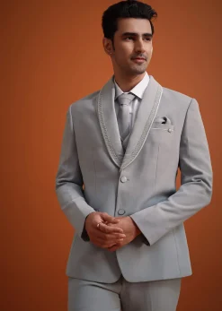 Silver Grey Cutdana Work Tuxedo And Pant Set