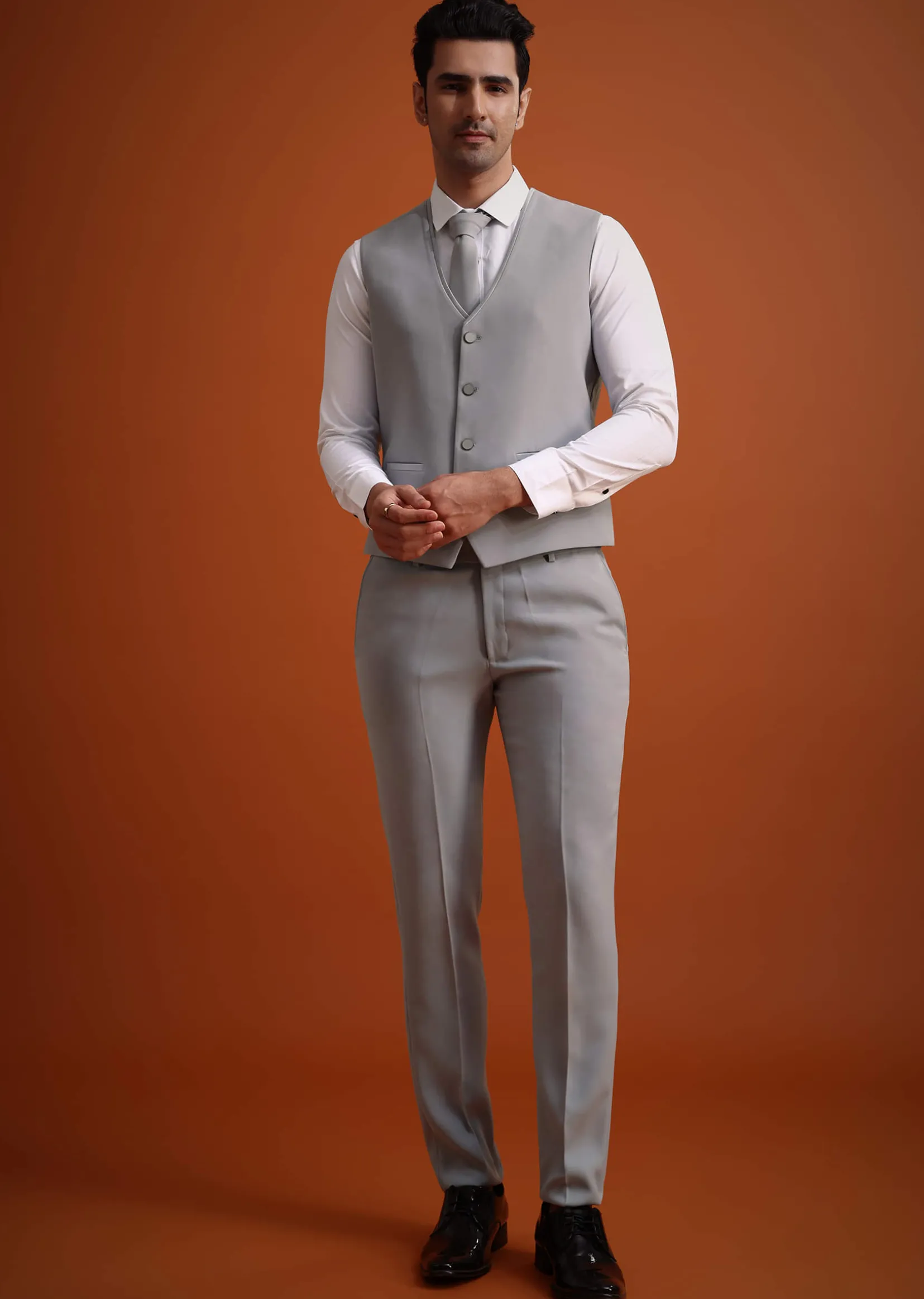Silver Grey Cutdana Work Tuxedo And Pant Set