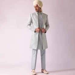 Silver Grey Embroidered Indowestern In Dupion Silk