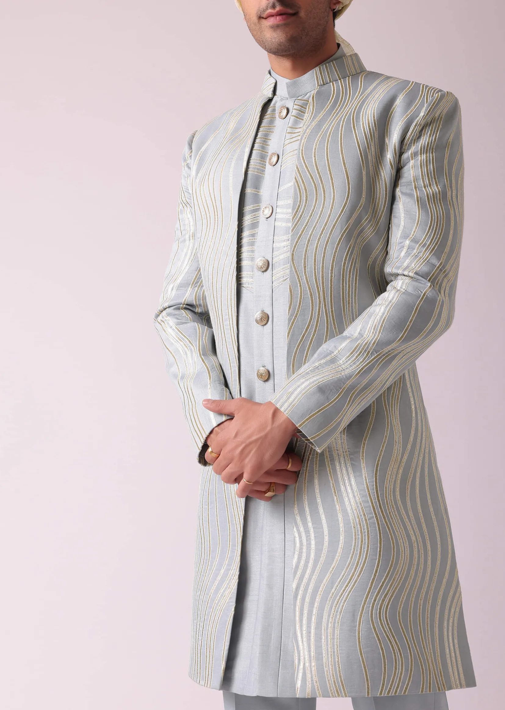 Silver Grey Embroidered Indowestern In Dupion Silk
