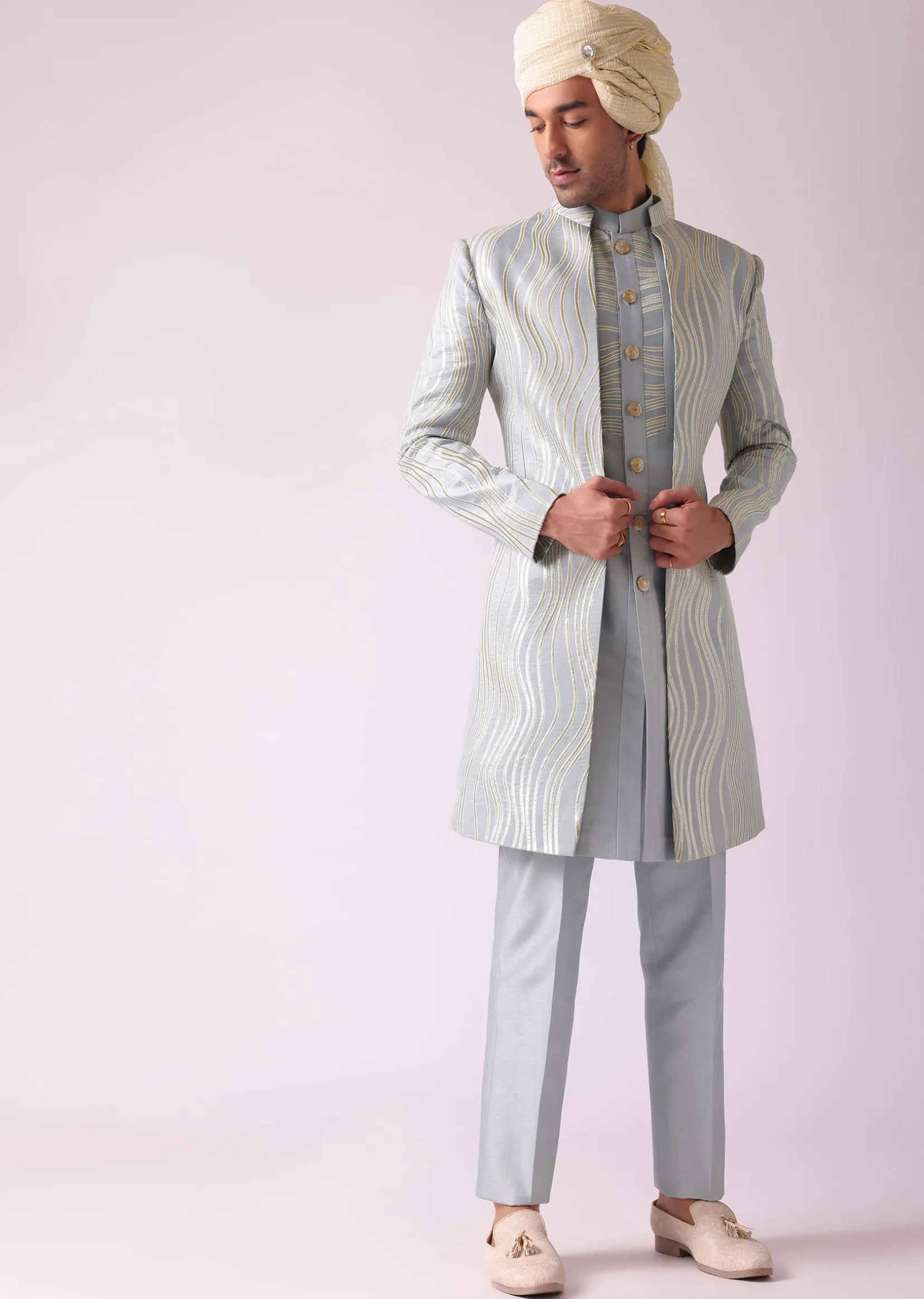 Silver Grey Embroidered Indowestern In Dupion Silk