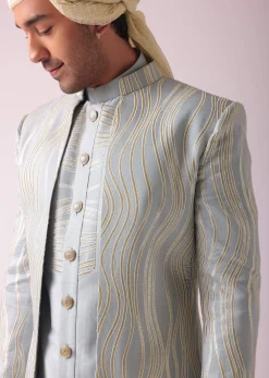 Silver Grey Embroidered Indowestern In Dupion Silk