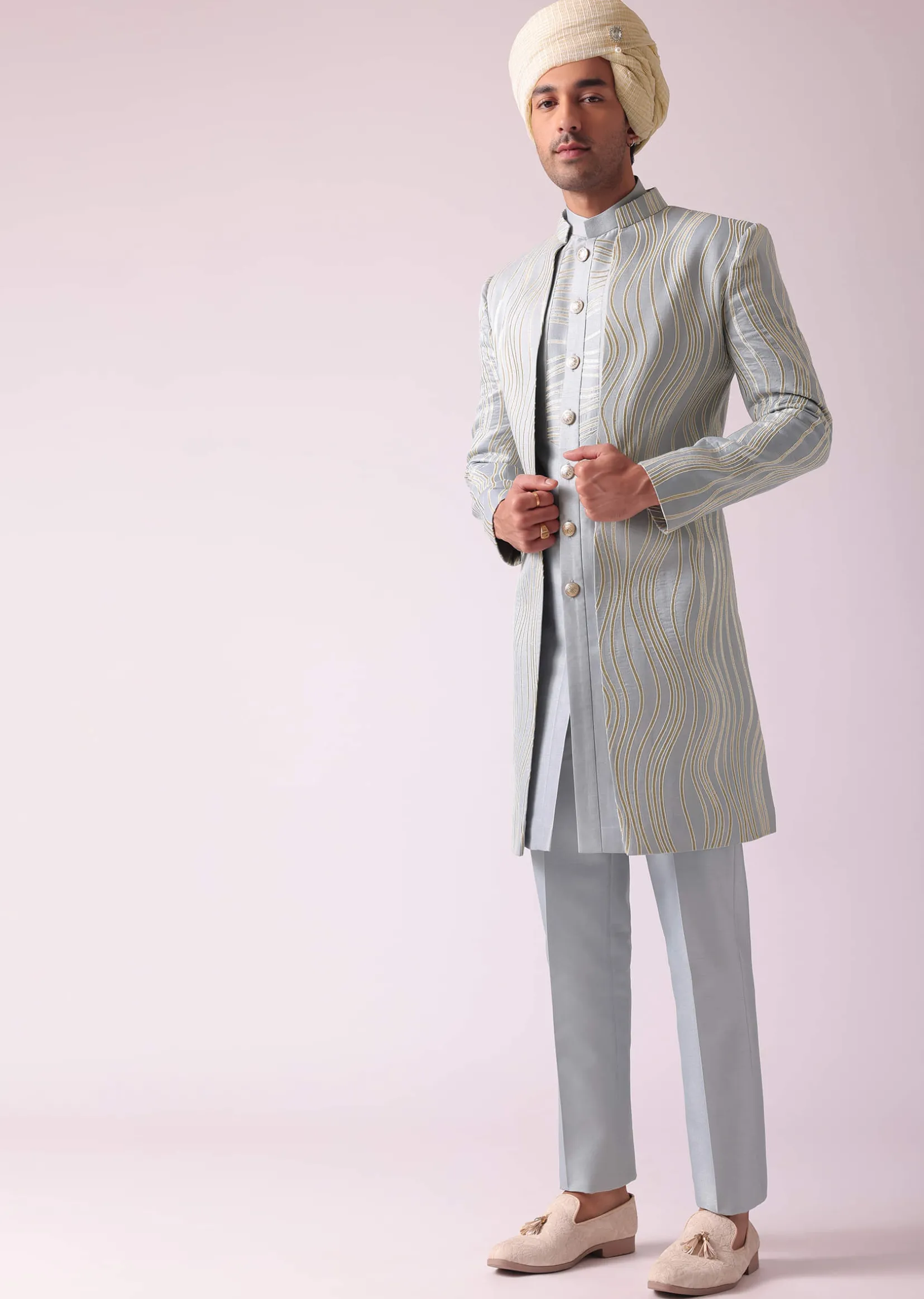 Silver Grey Embroidered Indowestern In Dupion Silk