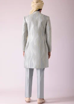 Silver Grey Embroidered Indowestern In Dupion Silk