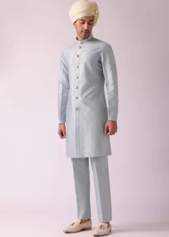 Silver Grey Embroidered Indowestern In Dupion Silk