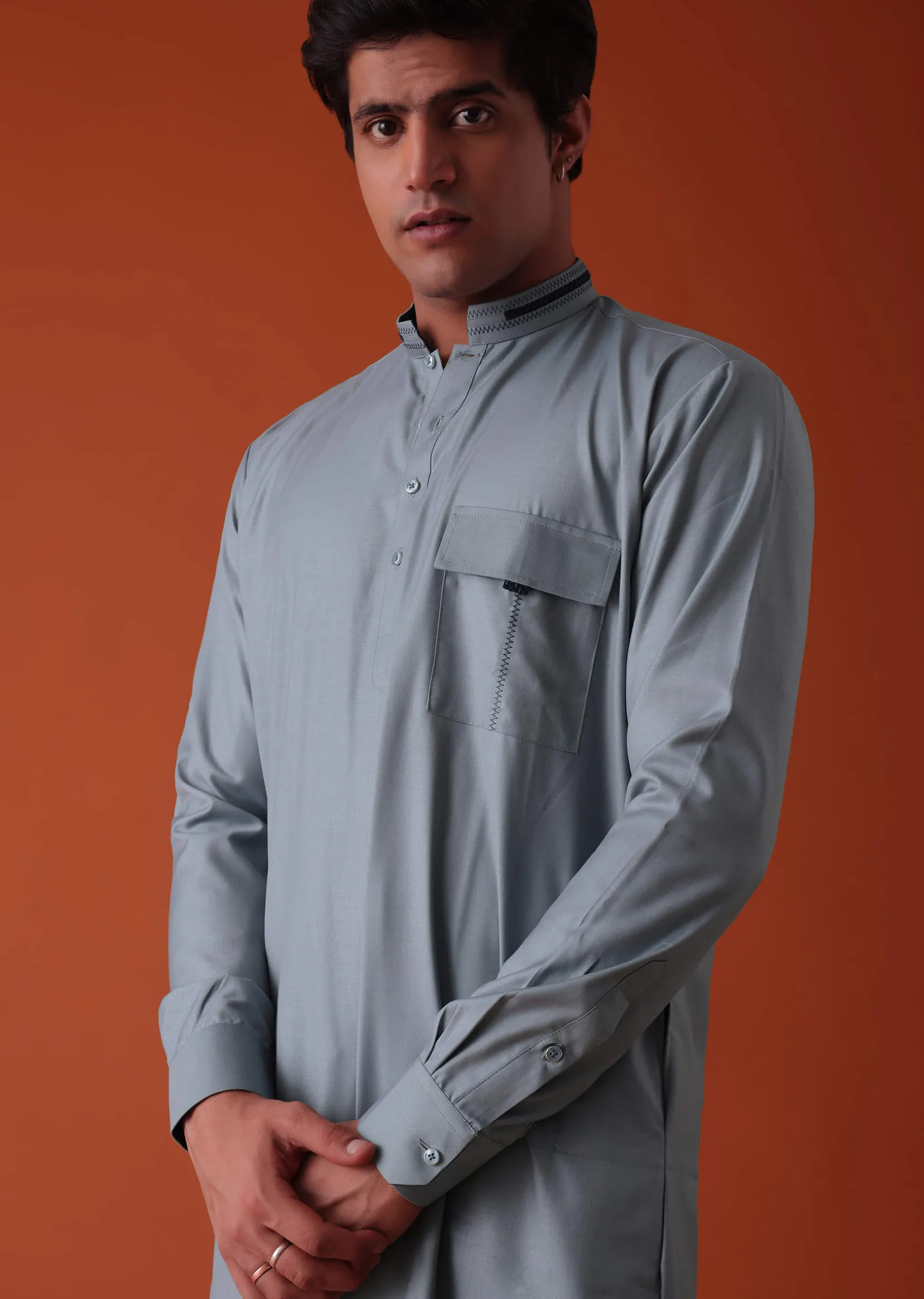 Silver Grey Pathani Kurta Set In Terry Rayon WIth Threadwork