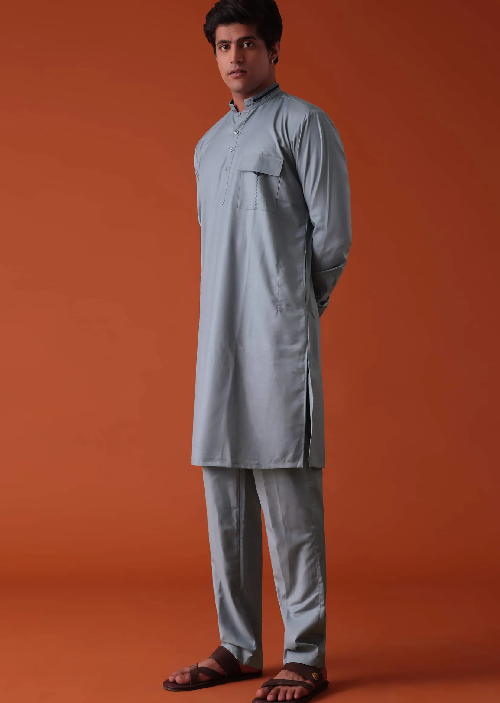 Silver Grey Pathani Kurta Set In Terry Rayon WIth Threadwork