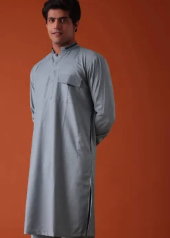Silver Grey Pathani Kurta Set In Terry Rayon WIth Threadwork
