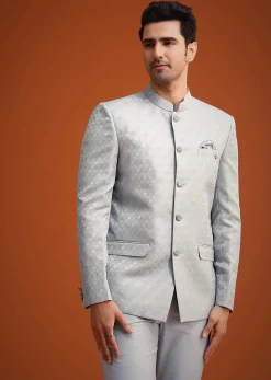 Silver Grey Polyester Jodhpuri Set With Pocket Square
