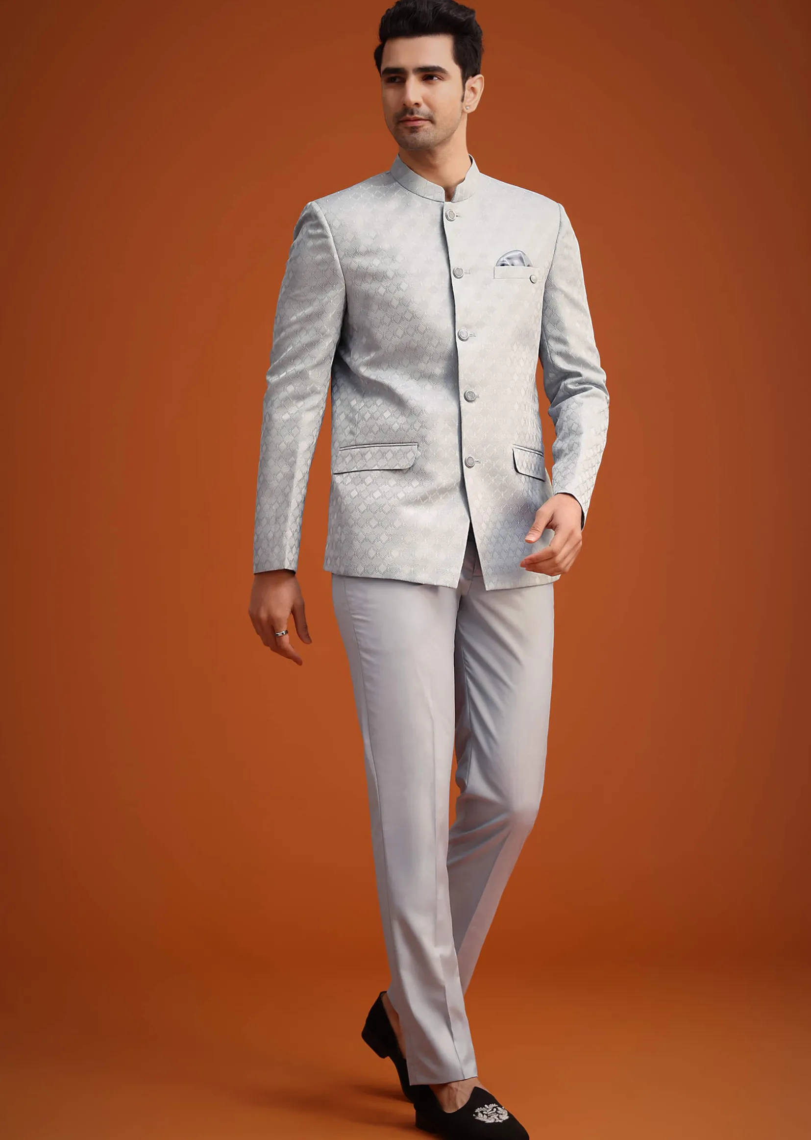 Silver Grey Polyester Jodhpuri Set With Pocket Square