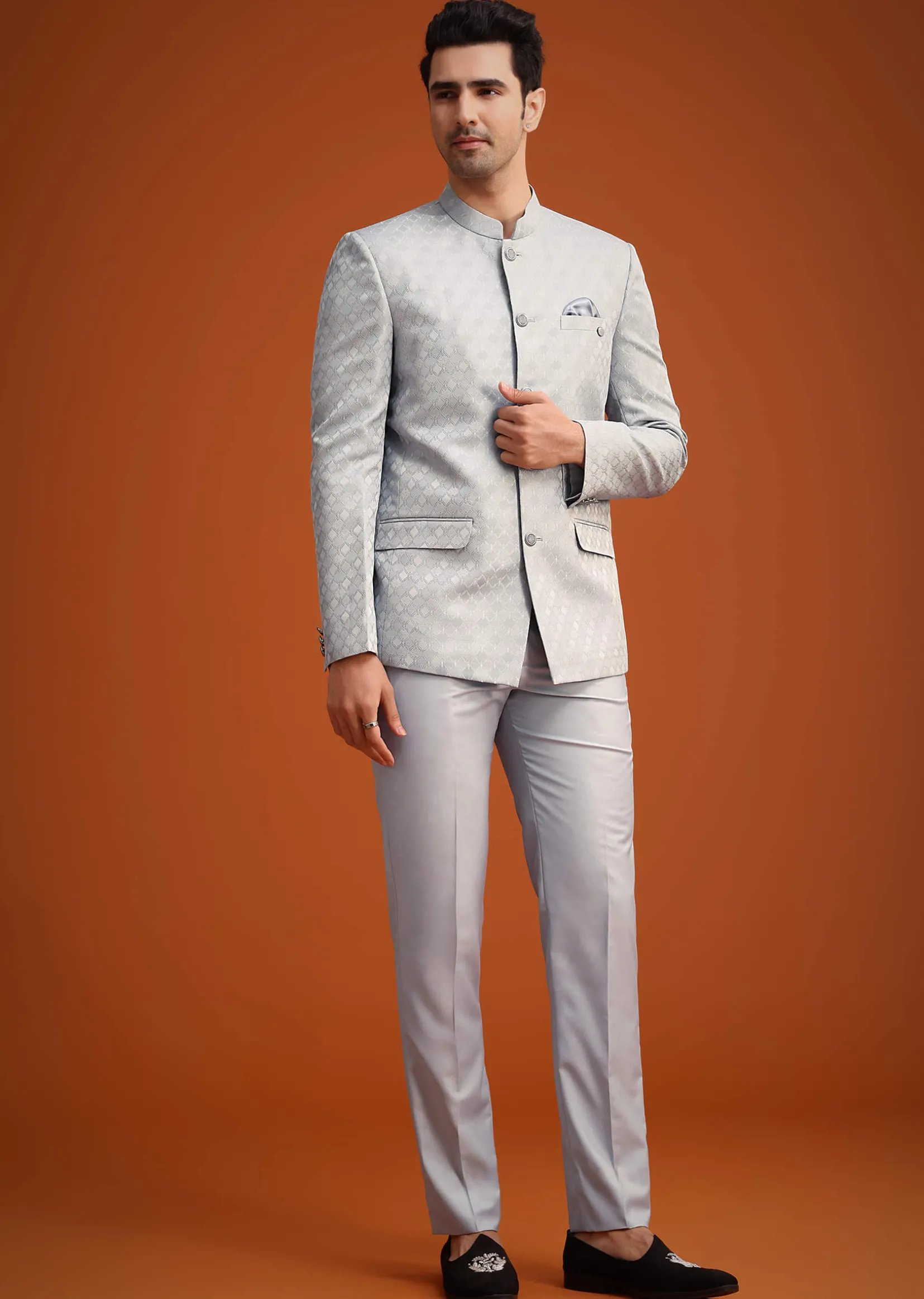 Silver Grey Polyester Jodhpuri Set With Pocket Square