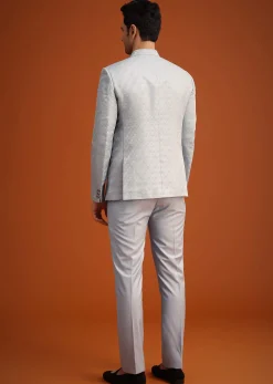Silver Grey Polyester Jodhpuri Set With Pocket Square