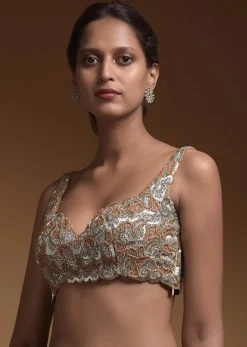 Silver Heavily Hand Embellished Crop Top With Cut Dana And Salli Work
