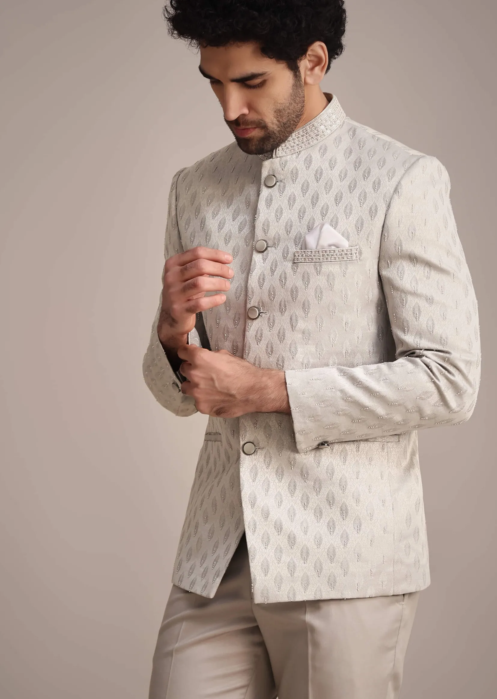 Silver Jodhpuri Suit With Mandarin Collar