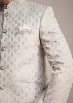Silver Jodhpuri Suit With Mandarin Collar