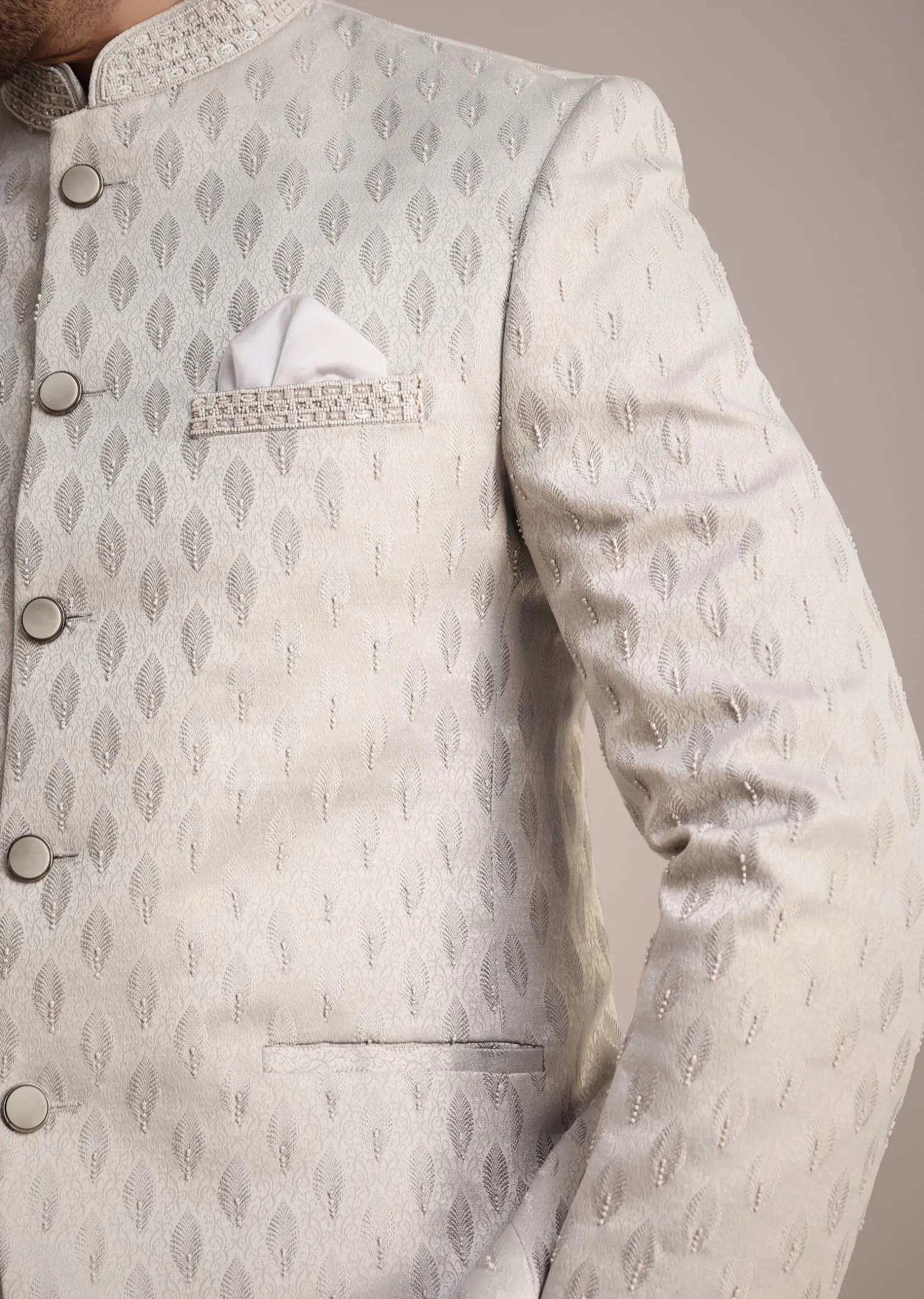 Silver Jodhpuri Suit With Mandarin Collar