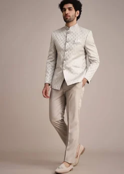 Silver Jodhpuri Suit With Mandarin Collar