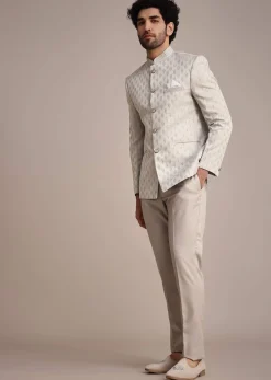 Silver Jodhpuri Suit With Mandarin Collar