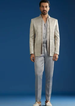 Silver Linen Satin Banarasi Jacket Kurta Set With Hand Embroidery