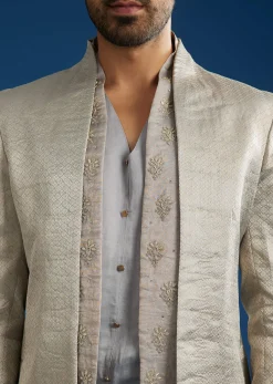 Silver Linen Satin Banarasi Jacket Kurta Set With Hand Embroidery