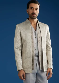 Silver Linen Satin Banarasi Jacket Kurta Set With Hand Embroidery