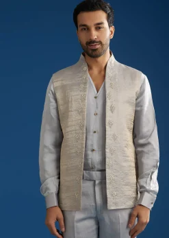 Silver Linen Satin Banarasi Jacket Kurta Set With Hand Embroidery