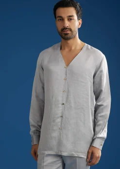 Silver Linen Satin Banarasi Jacket Kurta Set With Hand Embroidery