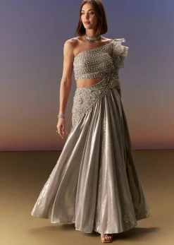 Silver One Shoulder Gown With Intricate Cut Dana Embroidery