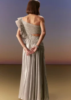 Silver One Shoulder Gown With Intricate Cut Dana Embroidery
