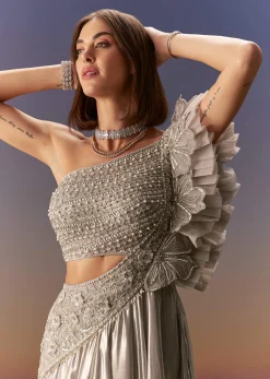 Silver One Shoulder Gown With Intricate Cut Dana Embroidery