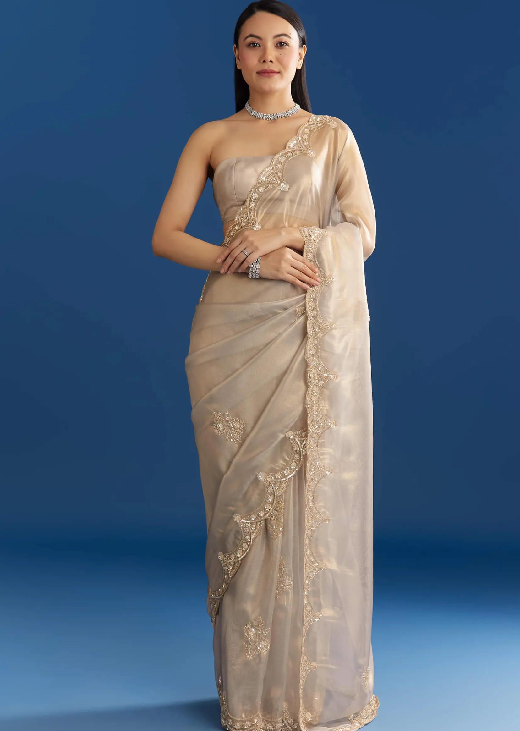 Silver Organza Tissue Saree With Sparkling Border